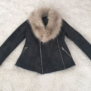 Guess Faux Fur Faux Shearling Coat Dark Gray